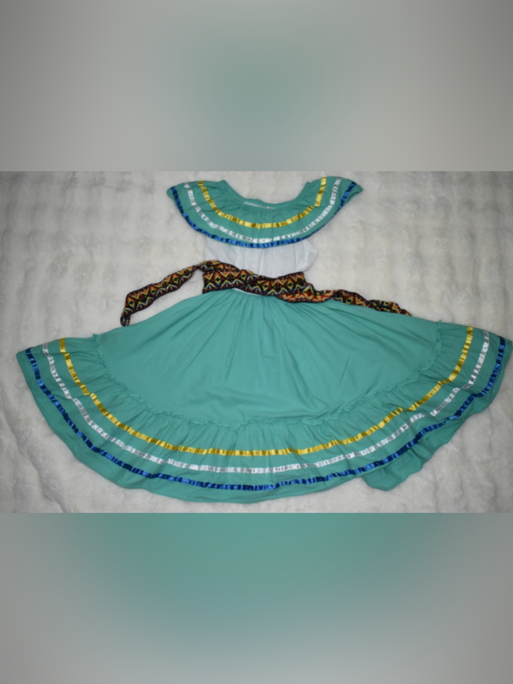 Unik Aquamarine Tiered Ruffle Dress with Multicolor Trim